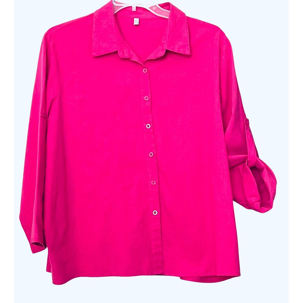 IN’VOLAND LONG ROLL-TAB SLV BUTTON-UP POINTED COLLAR BLOUSE, WOMENS, 18W, PINK